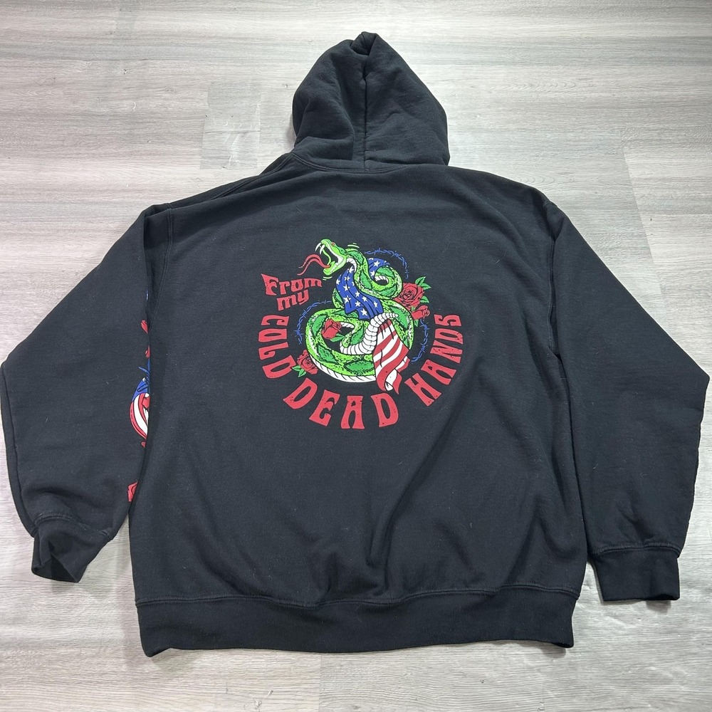 Grunt Style Hoodie Mens Large Black Pullover Fleece Sweatshirt Snake Flag Roses
